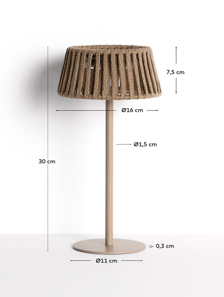 Aldet outdoor solar table lamp in beige flat rope cord with metal stand