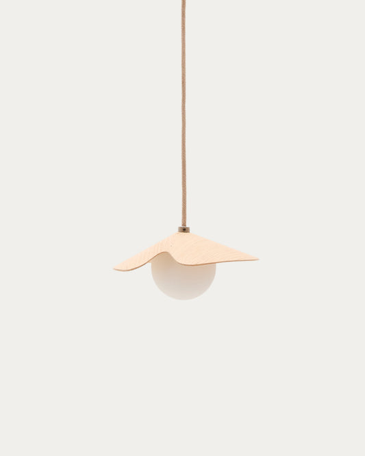 Wilara oak veneer ceiling lamp with 1 white smoked glass ball