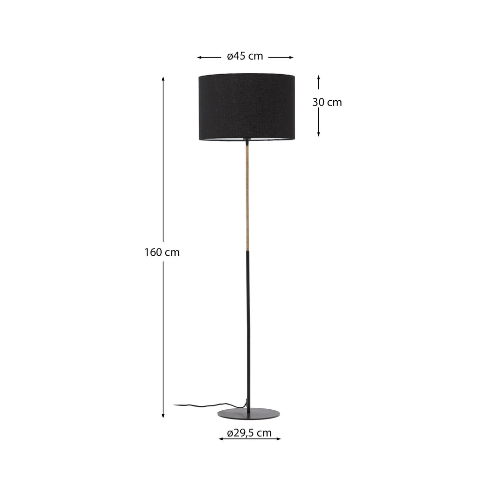 Canar metal and rattan floor lamp made with a black cotton lamp shade