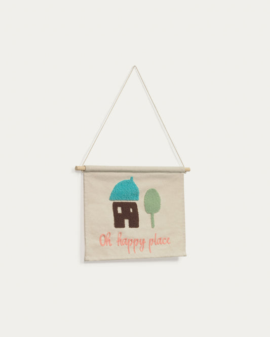 Leshy 100% cotton oh happy place wall tapestry, multi-coloured 35 x 25 cm