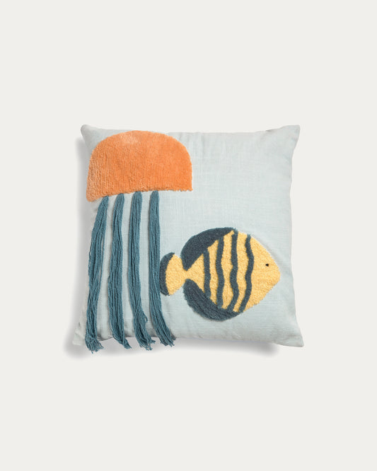 Cordelia 100% blue cotton cushion cover with multicolour marine animals, 45 x 45 cm