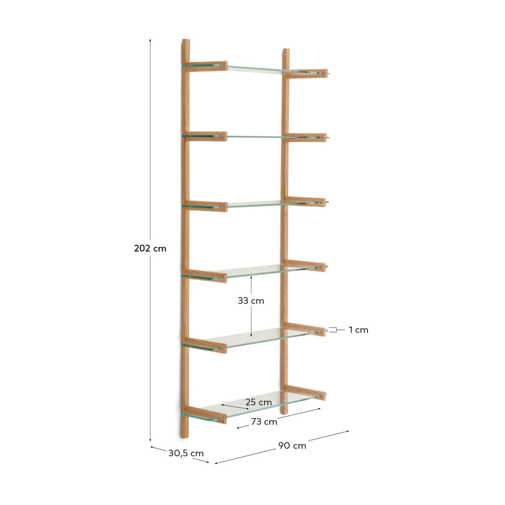 Sitra modular shelf, 6 glass shelves and FSC Mix Credit solid oak wood, 90 cm