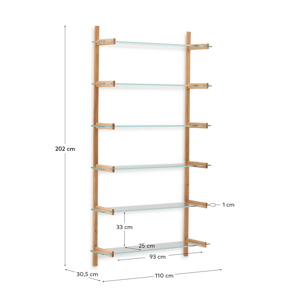 Sitra modular shelf, 6 glass shelves and FSC Mix Credit solid oak wood, 110 cm