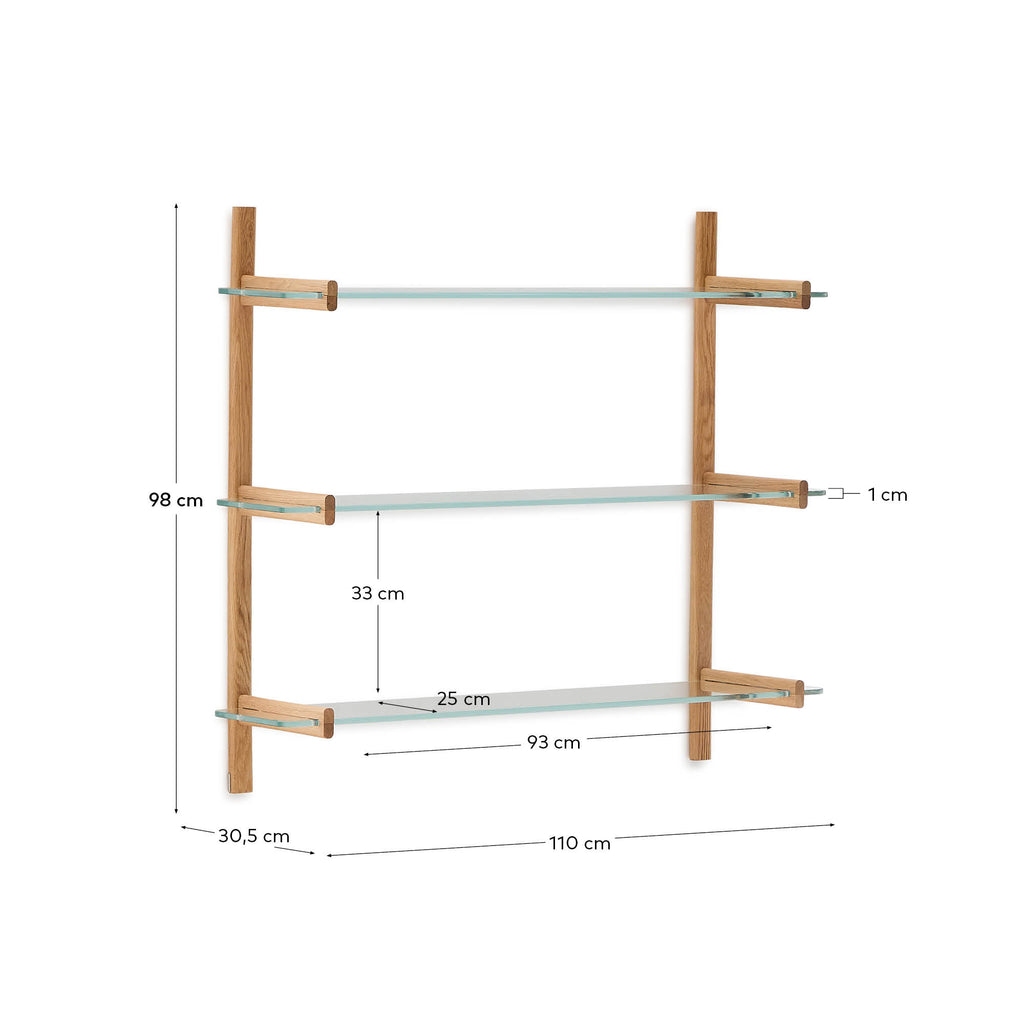Sitra modular shelf, 3 glass shelves and FSC Mix Credit solid oak wood, 110 cm