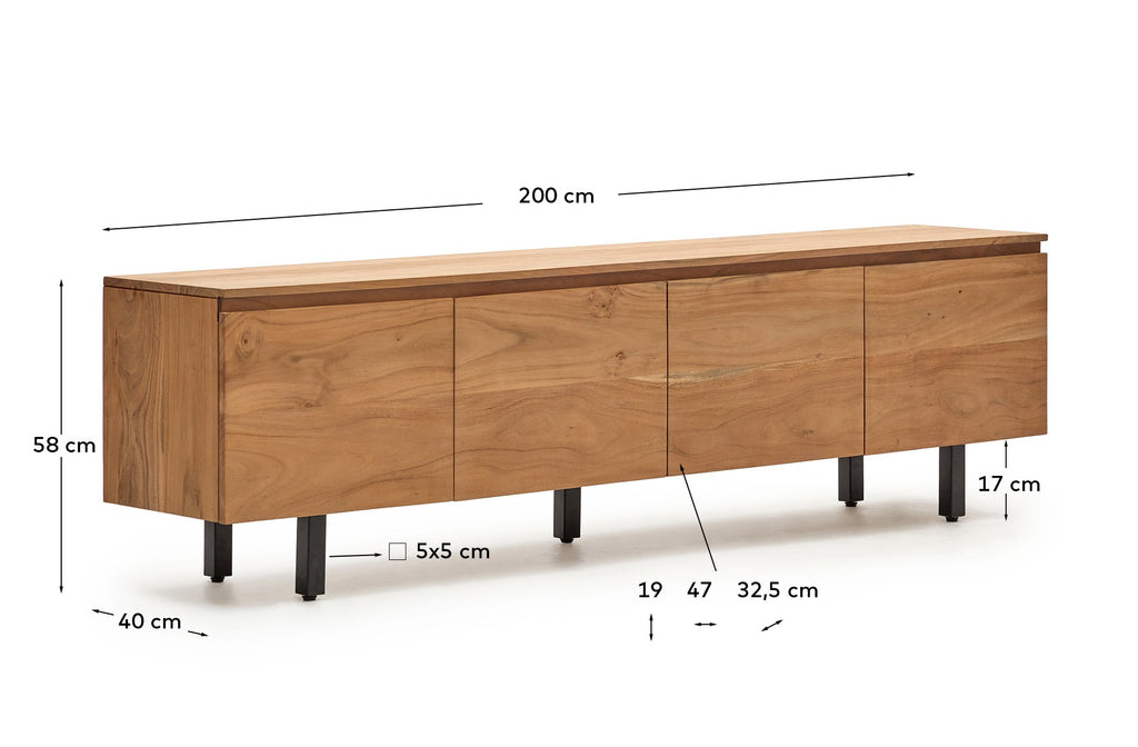 Uxue 4-door TV stand in solid acacia wood with bleached finish 200 x 58cm