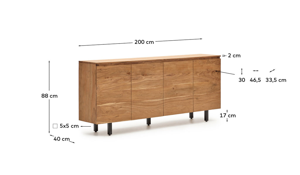Uxue 4-door sideboard in solid acacia wood with bleached finish 200 x 88cm