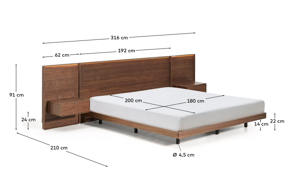 Norlen bed with 2 bedside tables in walnut veneer with dark finish and LED light for 180 x 200 cm mattress FSC Mix Credit