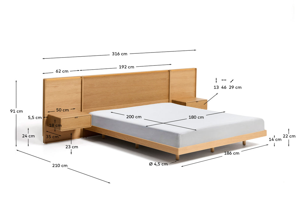 Norlen bed with 2 bedside tables in oak veneer with natural finish and LED light for 180 x 200 cm mattress FSC Mix Credit