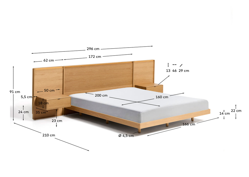 Norlen bed with 2 bedside tables in oak veneer with natural finish and LED light for 160 x 200 cm mattress FSC Mix Credit