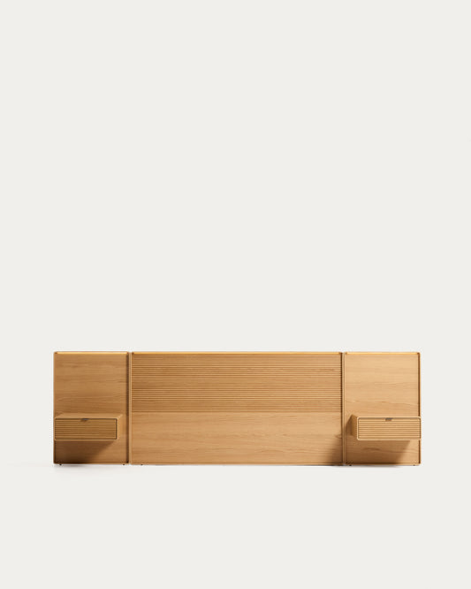 Norlen headboard with 2 bedside tables in oak veneer with natural finish and LED light for a bed up to 160 cm FSC Mix Credit