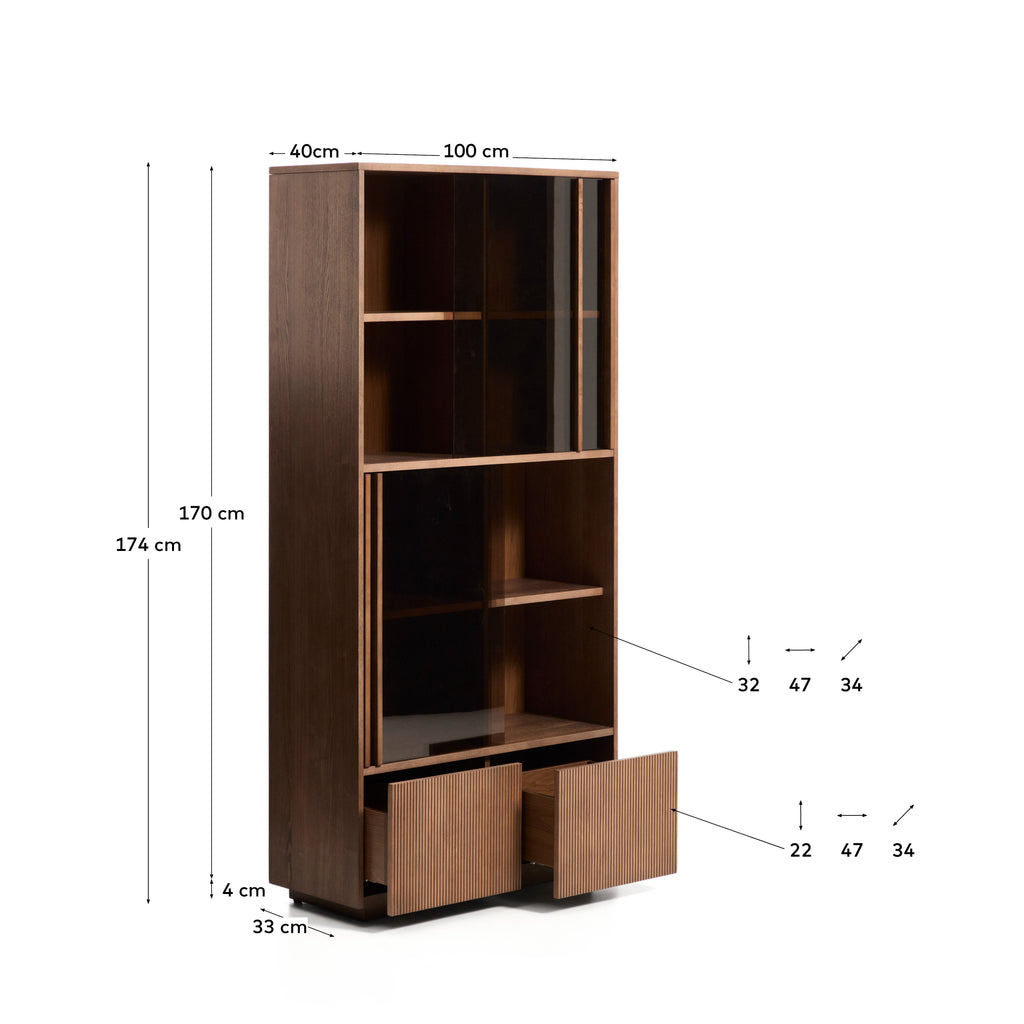 Helvine 4-door, 2-drawer display cabinet in ash veneer with walnut finish and tempered glass 100 x 170cm FSC 100%