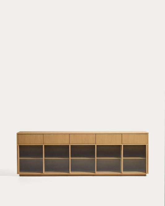 Helvine 5-door, 5-drawer sideboard in oak veneer and tempered glass 245x80cm FSC 100%