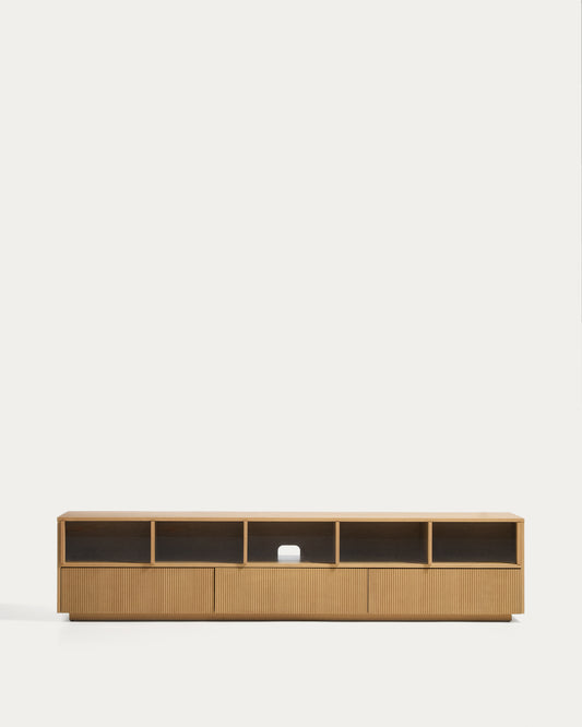 Helvine 5-door, 3-drawer TV stand in oak veneer and tempered glass 245x53,5cm FSC 100%
