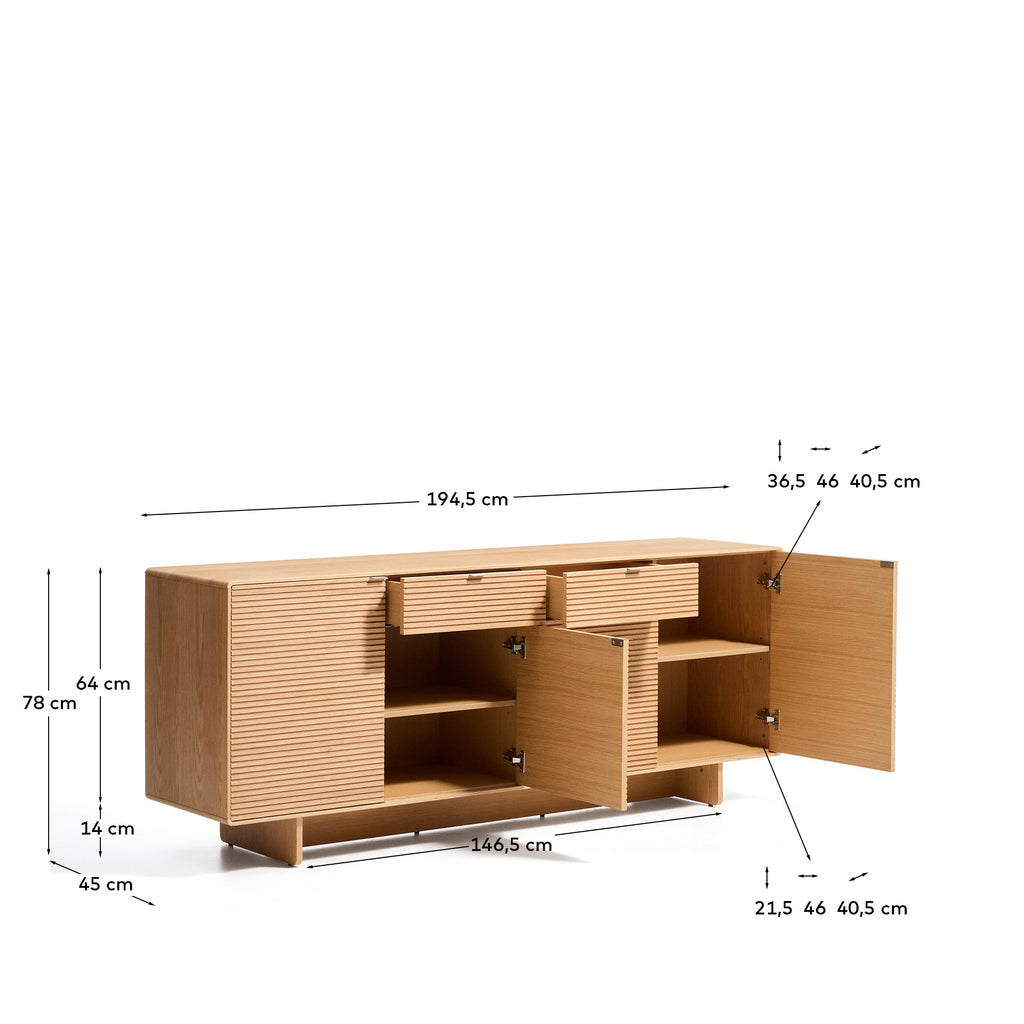 Norlen sideboard with 4 doors and 2 drawers in oak veneer with natural finish FSC Mix Credit 194.5 x 78 cm