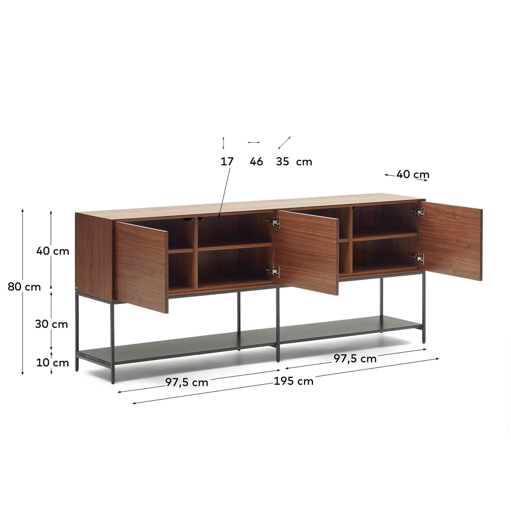 Vedrana 3 door sideboard in walnut veneer with steel legs, 195 x 80 cm