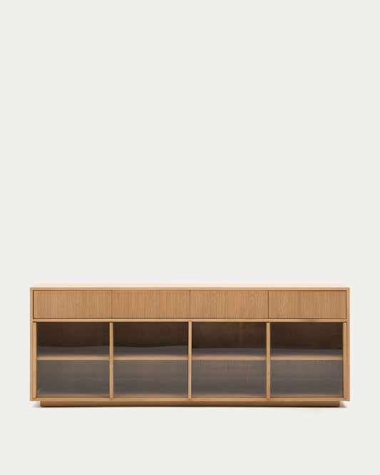 Helvine sideboard 4 doors and 4 drawers oak veneer and tempered glass, 200 x 75cm FSC 100%