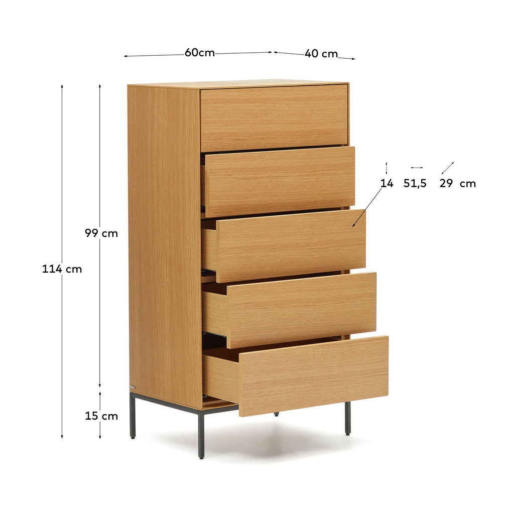 Vedrana 5 drawer chest of drawers in oak veneer with black steel legs, 60 x 114 cm