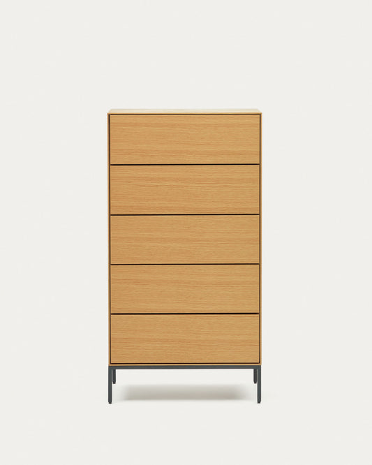 Vedrana 5 drawer chest of drawers in oak veneer with black steel legs, 60 x 114 cm