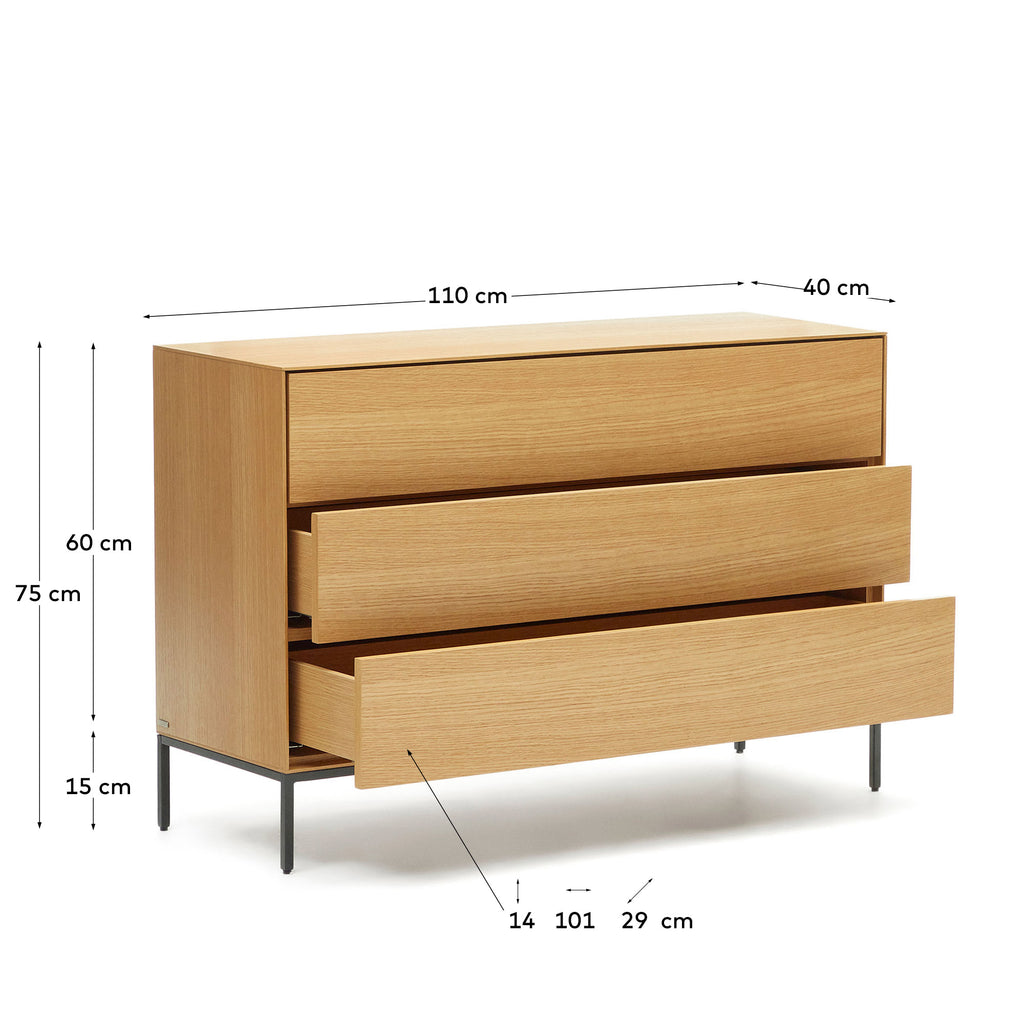 Vedrana 3 drawer chest of drawers in oak veneer with black steel legs, 110 x 75 cm
