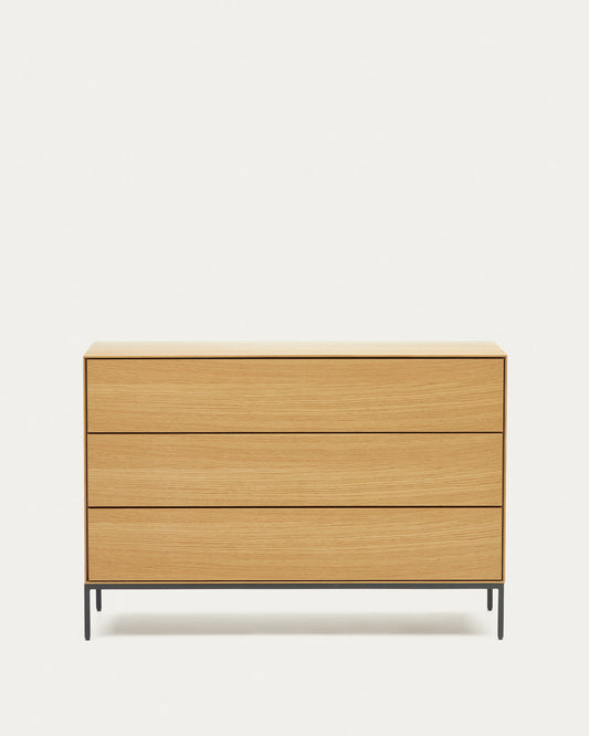 Vedrana 3 drawer chest of drawers in oak veneer with black steel legs, 110 x 75 cm