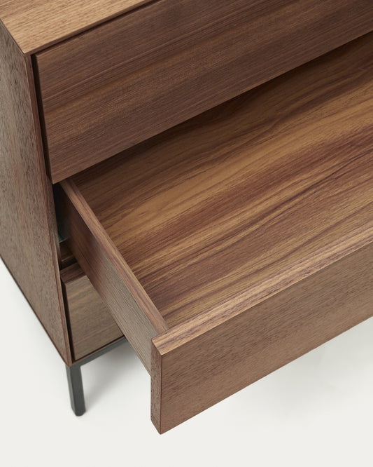 Vedrana 3 drawer chest of drawers in walnut veneer with black steel legs, 110 x 75 cm