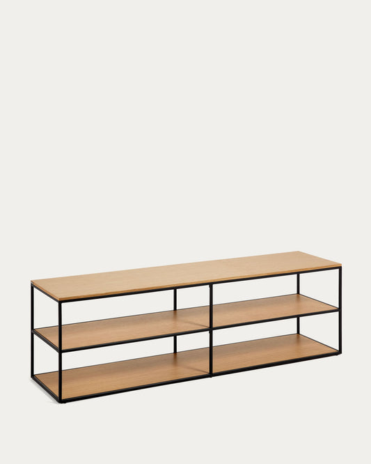 Yoana TV stand with an oak wood veneer and painted black metal structure, 160 x 40 cm