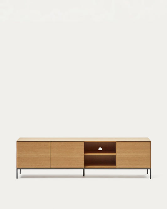 Vedrana 3-door TV stand in oak veneer with black steel legs, 195 x 55 cm