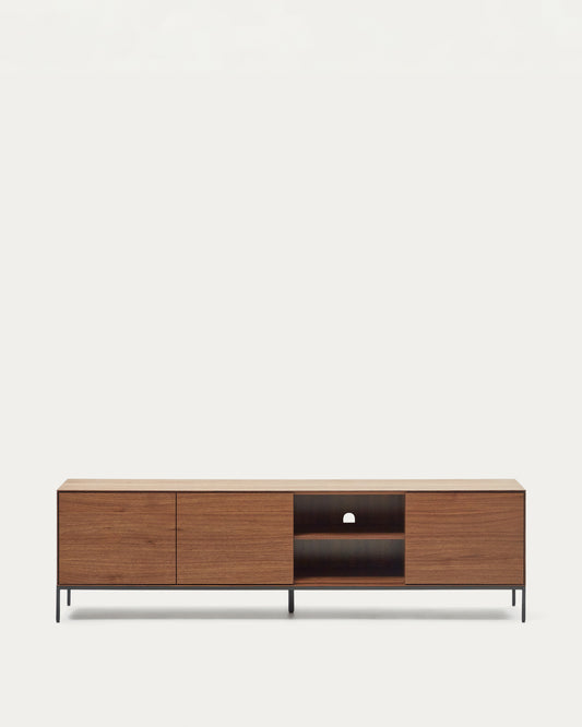 Vedrana 3-door TV stand in walnut veneer with black steel legs, 195 x 55 cm