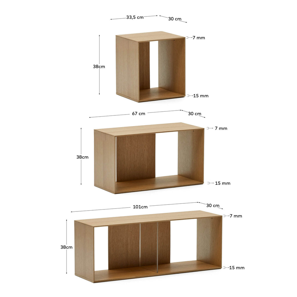 Litto set of 9 modular shelving units in oak wood veneer, 202 x 114 cm