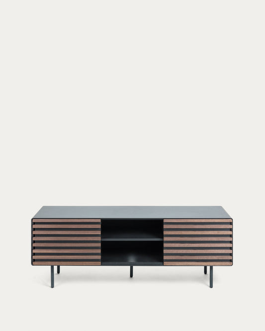 Kesia 2 door TV stand with walnut wood veneer with black lacquer & black steel, 162 x 58 cm