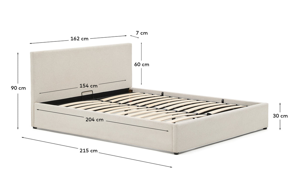 Nahiri beige chenille lift-up storage bed for a 150 x 200 cm mattress