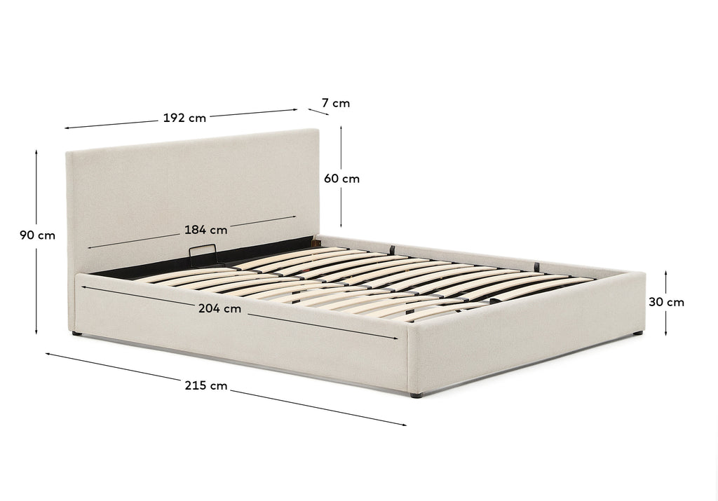 Nahiri beige chenille lift-up storage bed for a 180 x 200 cm mattress