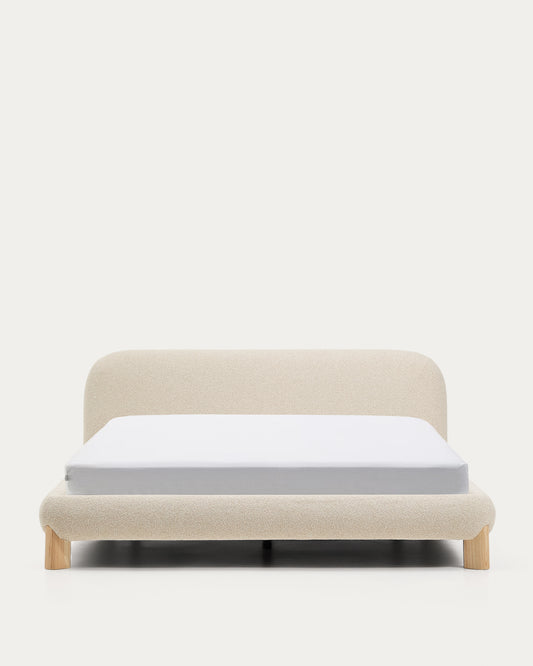 Odina ecru bouclé bed with removable cover and solid ash wood legs with natural finish for 180 x 200cm mattress