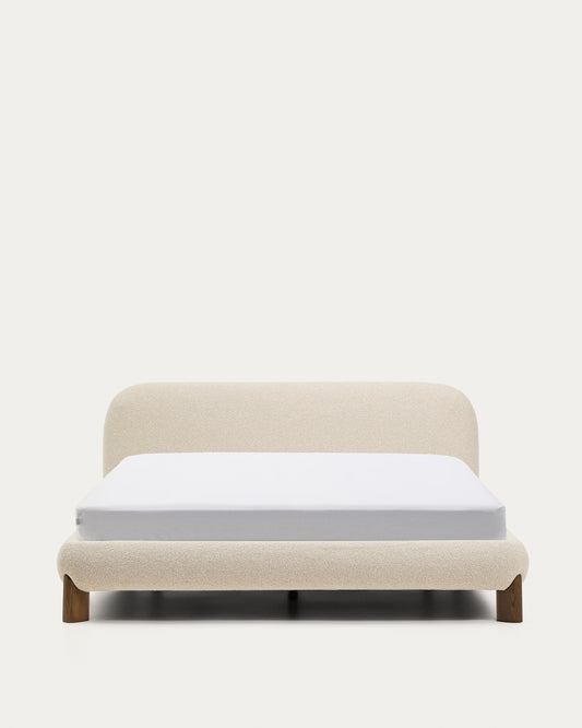 Odina ecru bouclé bed with removable cover and solid ash wood legs with walnut finish for 160 x 200cm mattress