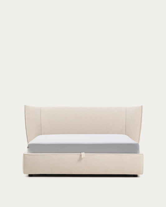 Arvian beige chenille removable-cover bed with lift-up storage base for a 160 x 200 cm mattress