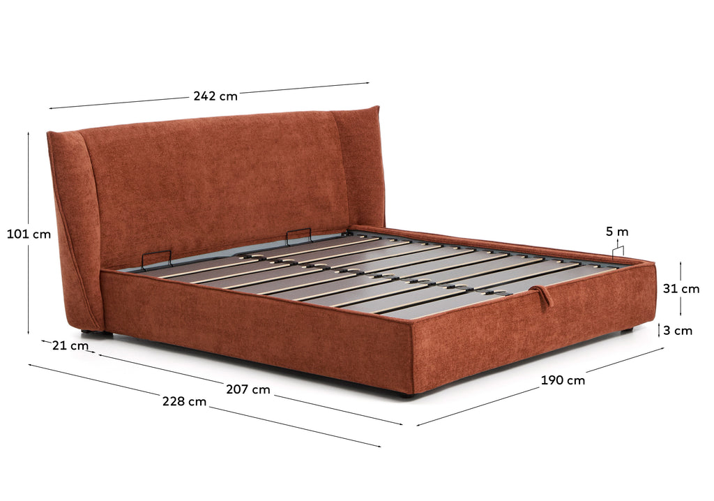 Arvian terracotta chenille removable-cover bed with ottoman base for a 180 x 200 cm mattress FSC 100%