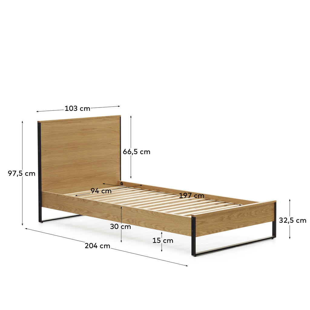 Taiana oak wood veneer bed with steel legs in a black finish, 90 x 190 cm