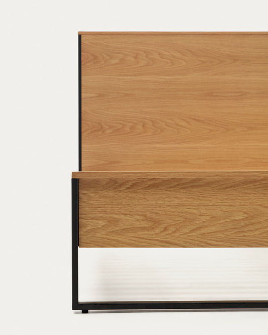 Taiana oak wood veneer bed with steel legs in a black finish, 90 x 190 cm
