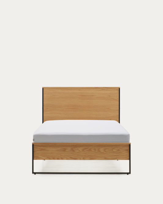 Taiana oak wood veneer bed with steel legs in a black finish, 90 x 190 cm