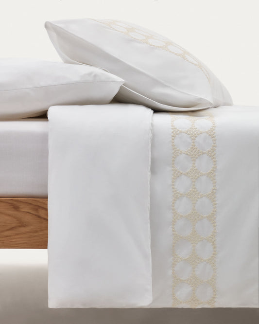 Teia cotton percale duvet cover and pillowcase set in white with floral embroidery, 180x200cm