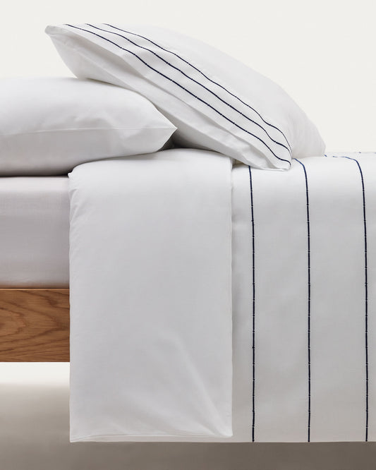 Cintia cotton percale duvet cover and pillowcase set in white with striped embroidery, 90 x 190 cm