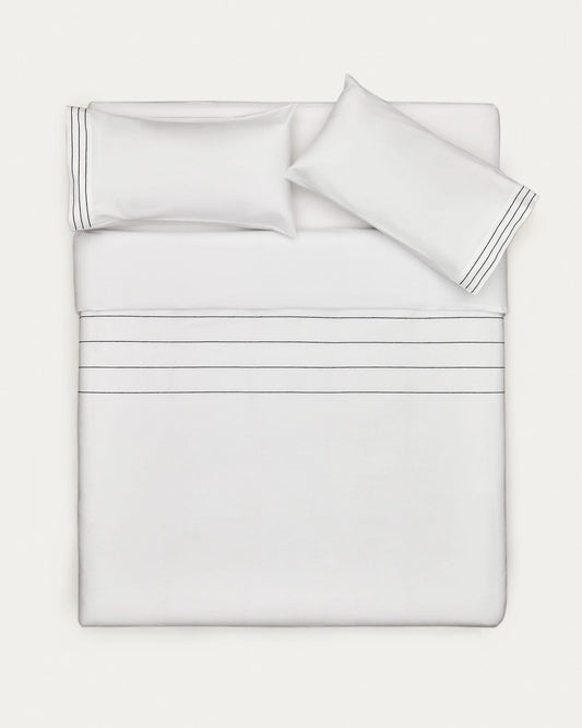 Cintia cotton percale duvet cover and pillowcase in white with striped embroidery, 135 x 200 cm