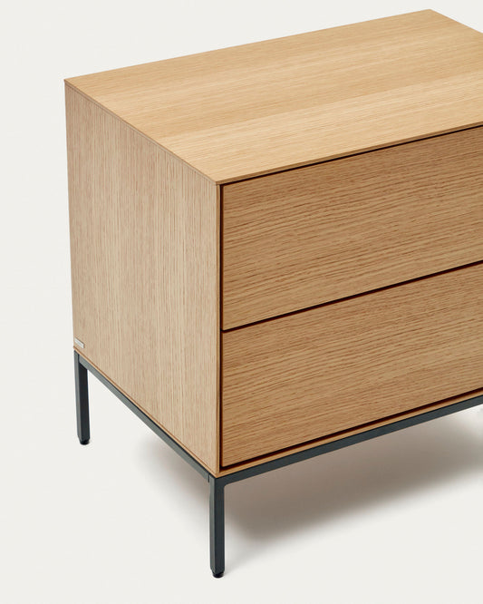 Vedrana bedside table, 2 oak veneer drawers, and black steel legs, 60 x 55 cm