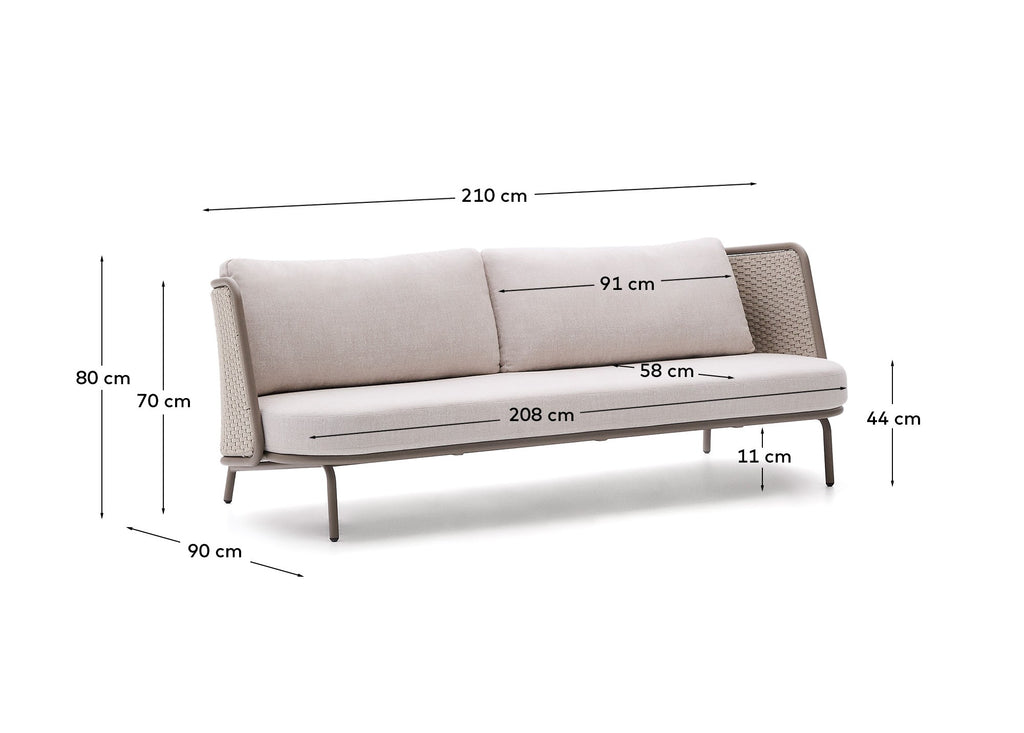 Sedalis outdoor 3-seater sofa in aluminium and taupe rope cord 210cm