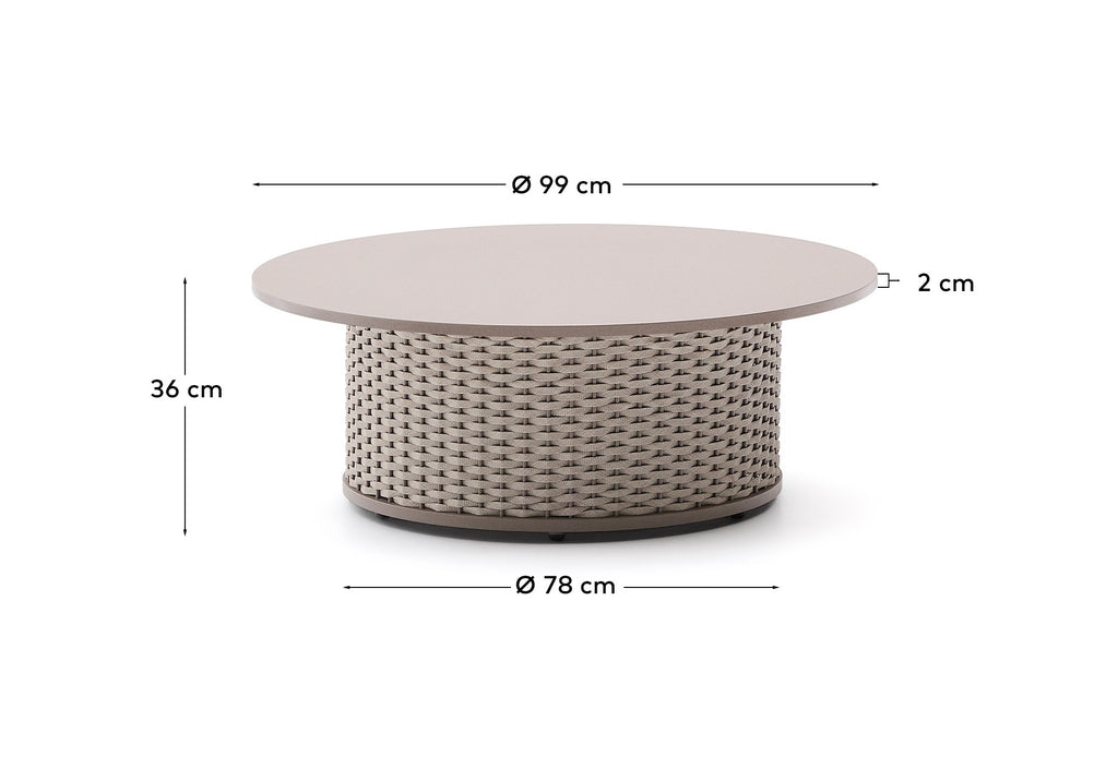 Sedalis outdoor coffee table in aluminium and taupe rope cord Ø99cm