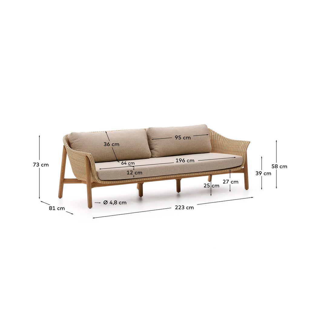 Galea 3-seater sofa in FSC 100% solid teak wood and synthetic rattan 223cm