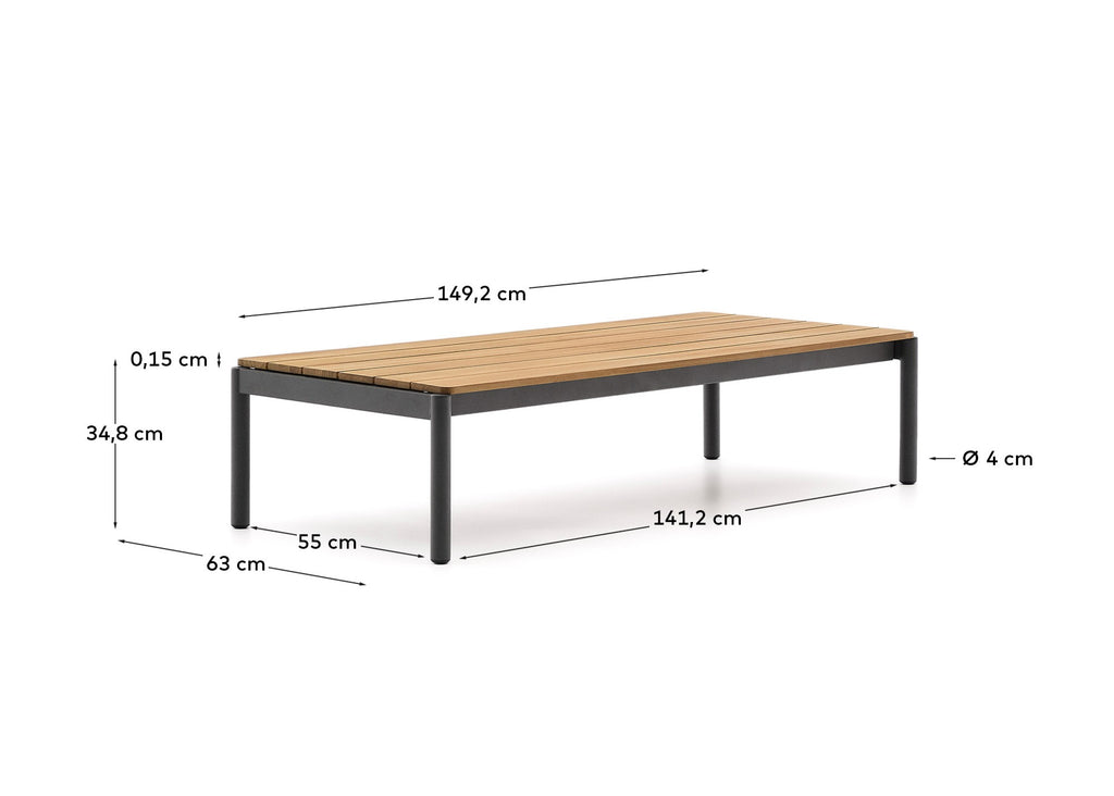 Sorells coffee table in gray aluminum and teak wood 63 x 144,6 cm FSC 100%