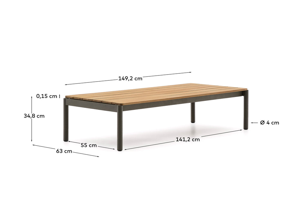 Sorells coffee table in green aluminum and teak wood 63 x 144,6 cm FSC 100%