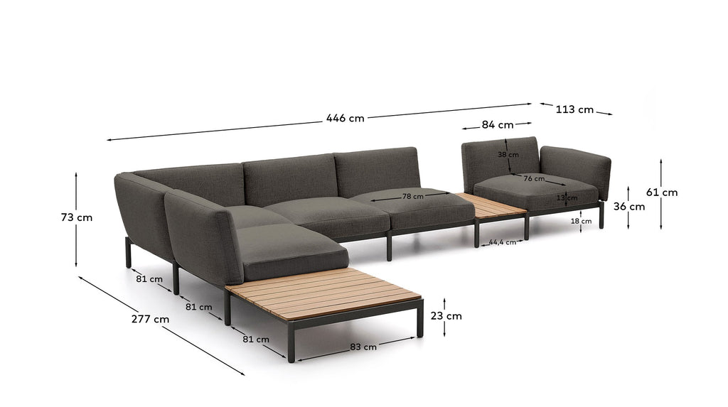 Sorells outdoor modular 5-seater corner sofa with grey upholstery and grey aluminium with teak tables 277 x 446cm FSC 100%