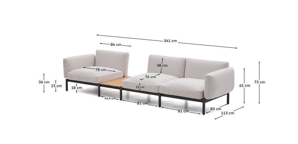 Sorells outdoor modular 3-seater sofa with beige upholstery and grey aluminium with teak table 341 x 113cm FSC 100%